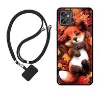 Sunrive Case compatible with Motorola Moto G32, Ultra Slim matte Soft Premium TPU Silicone Back Rubber Bumper Protector Patterns Cover(Maple Leaf Fox)+1 x Phone Lanyard