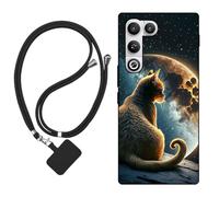 Sunrive Case compatible with Nubia RedMagic 11 Air, Ultra Slim matte Soft Premium TPU Back Rubber Bumper Protector Patterns Cover(Moon,stars,cat)+1 x Phone Lanyard
