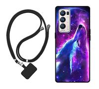 Sunrive Case compatible with OPPO Find X3 Neo 5G, Ultra Slim matte Soft Premium TPU Silicone Back Rubber Bumper Protector Patterns Cover(Wolf,Moon,Stars)+1 x Phone Lanyard