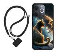 Sunrive Case compatible with Realme C71 India, Ultra Slim matte Soft Premium TPU Back Rubber Bumper Protector Patterns Cover(Moon,stars,cat)+1 x Phone Lanyard