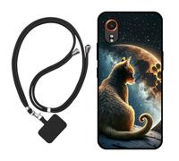 Sunrive Case compatible with Samsung Galaxy Xcover 7, Ultra Slim matte Soft Premium TPU Silicone Back Rubber Bumper Protector Patterns Cover(Moon,stars,cat)+1 x Phone Lanyard