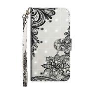 Sunrive Case compatible with Umidigi G9A/G9C/G9T/G9 5G/G9,Sunrive PU Leather Phone Holster Case Card Slot Flip Wallet Stand Function gel magnetic Protective Skin Cover (Black Flowers)