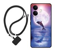 Sunrive Case compatible with Vivo V70 Lite, Ultra Slim matte Soft Premium TPU Back Rubber Bumper Protector Patterns Cover(Moon,Dolphins,Sea)+1 x Phone Lanyard