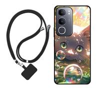 Sunrive Case compatible with Vivo Y50e, Ultra Slim matte Soft Premium TPU Back Rubber Bumper Protector Patterns Cover(Bubble Cat)+1 x Phone Lanyard