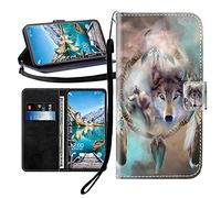 Sunrive Case compatible with ZTE Blade V80 Max, PU Leather Phone Holster Case Card Slot Flip Wallet Stand Function gel magnetic Protective Skin Cover (Wolf Dream Catcher B1)
