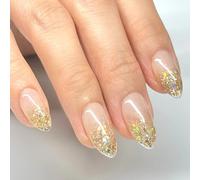 Sunruby Handmade Press On Nails Short Almond Jelly Pink Shiny with Gold Glitter Tips Reusable Soft Gel Nails 30 Pieces in 15 Sizes Designed in Los Angeles