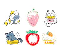 sunruchao 6Pcs Cute Cat Fish Strawberry Enamel Pin Set Cat Fruit Brooches Cartoon Animal Pins Set Lovely Cat Eat Fish Badge Colorful Pin for Women Men Kids Clothing Decorations