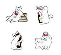 sunruchao Cartoon Wine Cat Enamel Brooch Book Sunglass Cute Whiskey White Cat Creative Animal Metal Badge Punk Lapel Pins for Decor Gifts Backpacks Clothing Bags Jackets