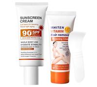 Sunscreen SPF 90+ & Intimate Hair Removal Cream, Factor 90 Sun Cream Face Moisturiser, UV Ultra High Protection, Non Greasy, Gentle painless hair removal for Pubic, Bikini, Face & Body, 2PCS