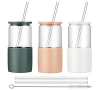 Sunseeke Glass Tumbler with Straw and Lid, 16oz Ice Coffee Cup, Silicone Sleeve Cleaning Brushes, Drinking Glasses for Water, Iced Coffee, Smoothie -BPA Free -3 Pack