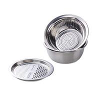 SUNSENGEUR 3PC/Set Colander Set Stainless Steel Vegetable Slicer Fruit Potato Peeler Carrot Grater Strainer Utensil Round Rice Washer Bowl Drain Basket-Silver