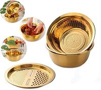SUNSENGEUR 3PC/Set Colander Set Stainless Steel Vegetable Slicer Fruit Potato Peeler Carrot Grater Strainer Utensil Round Rice Washer Bowl Drain Basket-Gold