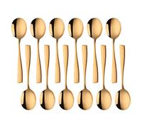 SUNSENGEUR Soup Spoons, Round Stainless Steel Bouillon Spoons Autograph Pattern 12-Piece Stainless Steel Set Use for Coffee Sugar Dessert Cake Ice Cream Soup Antipasto Cappuccino- 7.3 Inches-Gold