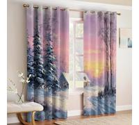 Sunset 3D Printed Blackout Curtains W 55" x L 69" Small house under the snow Eyelet Drapes Thermal Insulated Noise Reducing Room Darkening Bedroom and Kids Room Set of 2