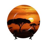 Sunset African Savanna Ceramic Decorative Plates Bone China Decorative Plate With Display Stand Handmade Ceramic Ornament Personality Porcelain Dinner Plate Crafts For Home Office Wall Decoration 25cm