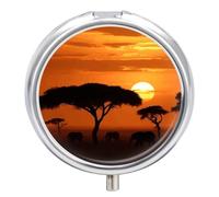 Sunset African Savanna Pill Box Round Portable Small Pill Case Waterproof Travel Pill Box Organizer for Pocket Purse and Daily Convenience