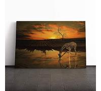 Sunset and Giraffe Landscape Canvas Print | Gallery Wrapped 30mm Frame Wall Art | 24x16 inches | Ready to Hang | Modern Animals Picture | Living Room Bedroom Lounge Office
