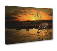 Sunset and Giraffe Landscape Canvas Print | Gallery Wrapped 30mm Frame Wall Art | 24x16 inches | Ready to Hang | Modern Animals Picture | Living Room Bedroom Lounge Office