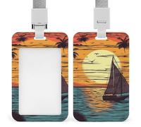 Sunset and Sailboat ID Badge Holder with Lanyard Vertical Badge Reel Clip Durable Clear Window Name Tag ABS Plastic Push-Pull Design ID Card Holder for Office, Nurses, Employees
