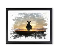 Sunset and Sheep V3 Modern Framed Print | A4 Black Framed Wall Art | Ready to Hang | Modern Animal Picture | Living Room Bedroom Lounge Office