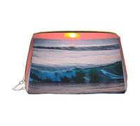 Sunset and Sunrise with Ocean Sea Waves Leather Hand-Held Zipper Makeup Bag Storage Bag Portable Lipstick Pouch Toiletry Bag