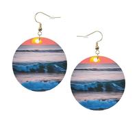 Sunset And Sunrise With Ocean Sea Waves Leather Round Earrings Daily Accessories Working At Work Women'S Fashion
