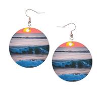 Sunset And Sunrise With Ocean Sea Waves Leather Round Earrings Daily Accessories Working At Work Women'S Fashion