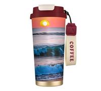 Sunset and Sunrise with Ocean Sea Waves Print Coffee Tumbler with Dual Use Lid & Straw, Portable Travel Mug for Home Office
