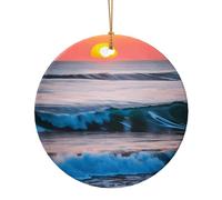 Sunset and Sunrise with Ocean Sea Waves Print Round Flat Hanging Ornaments for Christmas Winter New Year Party Hanging Decorations