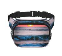 Sunset and Sunrise with Ocean Sea Waves Print Square Waist Purse Double Layer Fanny BagTrendy Travel Waist Bag for Men and Women, Black, One Size