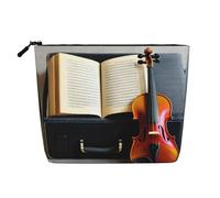 Sunset and Sunrise with Ocean Sea Waves Printed Reusable Cosmetic Bag â€“ Travel Toiletry Organizer, Zipper Pouch for Makeup Accessories, Violin and Book, One Size