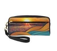 Sunset and Sunrise with Sea Waves Printed Leather Makeup Bags with Wrist Strap Portable Travel Toiletry Bag Cosmetic Organizer Bag for Women