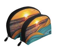 Sunset and Sunrise with Sea Waves Printed Makeup Bags 2-Piece Portable Shell Travel Toiletry Bag Cosmetic Organizer Bag for Women