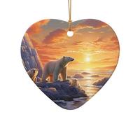 Sunset Animal Polar Bear Ceramic Christmas Tree Ornament, Double-Sided Printed Heart Shape Porcelain Hanging Decoration, Elegant Holiday Keepsake for Xmas Tree Home Office Gift Exchange