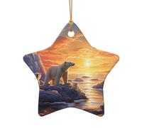 Sunset Animal Polar Bear Ceramic Christmas Tree Ornament, Double-Sided Printed Star Shape Porcelain Hanging Decoration, Elegant Holiday Keepsake for Xmas Tree Home Office Gift Exchange