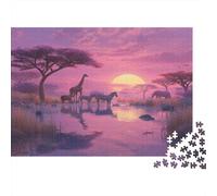 Sunset at Lake Sam, Where Animals Drink Water in Harmony Jigsaw Puzzles Challenge Toy Educational Games Home Decoration for Adults& Teenager Age 14 Years Up 1000pcs (75x50cm)
