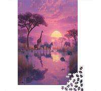 Sunset at Lake Sam, Where Animals Drink Water in Harmony Puzzle 70x50cm/1000pcs Puzzles, Die Für Erwachsene Und Personen Ab 14 Jahren Geeignet Sind
