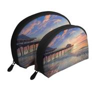 Sunset at the Beach Bridge Print Makeup Bag Set 2-Piece Portable Clutch Pouch Travel Cosmetic Pouches Toiletry Bags for Daily Storage & Travel Organization