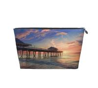 Sunset at the Beach Bridge Print Makeup Bag, Small Travel Cosmetic Bag Toiletry Bag Portable Makeup Pouch with Silver Zipper for Women Girls
