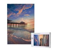 sunset at the beach bridge Printed 1000 Piece Jigsaw Puzzle for Adults, Cut Brain Teaser Game for Family Home Decor Gift(29.5x19.7 Inch)