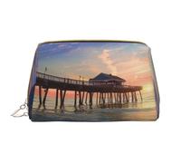 Sunset at The Beach Bridge Printed Cosmetic Bags for Women Mom, Large PVC Leather Travel Makeup Bag Cute Gifts Toiletry Bag with Zipper