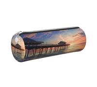 Sunset at The Beach Bridge Printed Leather Pencil Case Cute Stationery Organizer Round Makeup Bag Pen Pouch, Silver Zipper