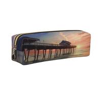 Sunset at The Beach Bridge Printed Leather Pencil Case Cute Stationery Organizer Simple Makeup Bag Pen Pouch, Gold Zipper
