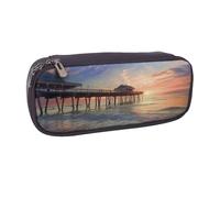 Sunset at The Beach Bridge Printed Pu Leather Pencil Case Box Flip Pen Bag and Makeup Cosmetic Holder for Girls Boys School Students
