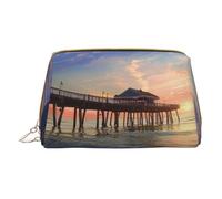 Sunset at The Beach Bridge Printed Small Makeup Bag Portable Leather Make up Bag Travel Zipper Cosmetic Bags Organizer for Women
