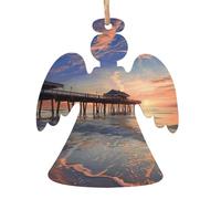 sunset at the beach bridge Printed Wooden Angel-Shape Christmas Decorations 4 PCS Christmas Tree Decorations Holiday Hanging Decor