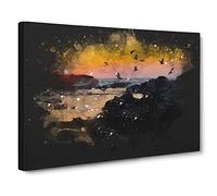 Sunset At The Beach In Spain Paint Splash Canvas Print | Gallery Wrapped 30mm Frame Wall Art | 20x14 inches | Ready to Hang | Coastal Seascape Picture | Living Room Bedroom Lounge Office