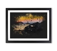 Sunset At The Beach In Spain Paint Splash Modern Art Framed Wall Art Print, Ready to Hang Picture for Living Room Bedroom Home Office Décor, Black A2 (64 x 46 cm)