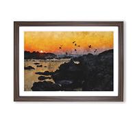 Sunset at The Beach in Spain Painting Framed Print | A2 Walnut Framed Wall Art | Ready to Hang | Modern Beach Picture | Living Room Bedroom Lounge Office