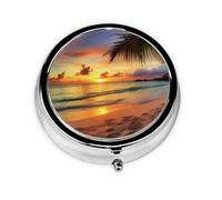 Sunset at The Beach Pill Box Metal Round Small Pill Case Cute 3 Compartment Pill Organizer Portable Travel Pillbox Mini Pill Container Holder for Daily Medicine Supplement Vitamin